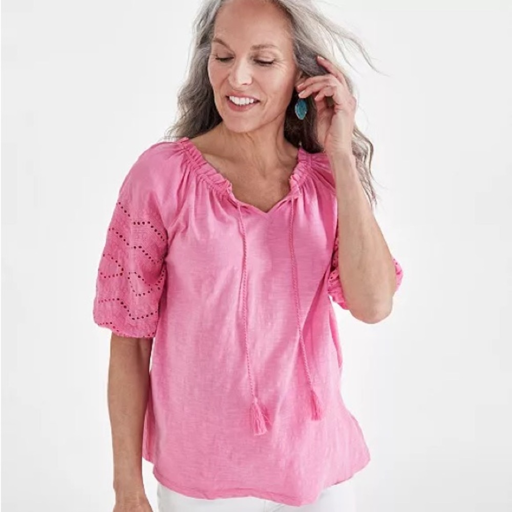 Style & Co Womens Cotton Mixed-Media Embroidered Blouse.
